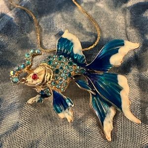 Kenneth Lane pendant brooch necklace Fish aqua crystals rhinestones